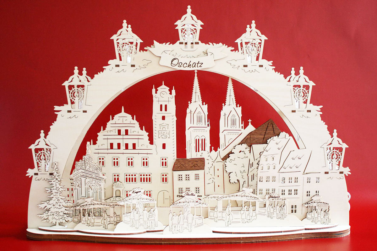 3D LED Holz Schwibbogen 43 cm x 30 cm x 12 cm Oschatz Rathaus