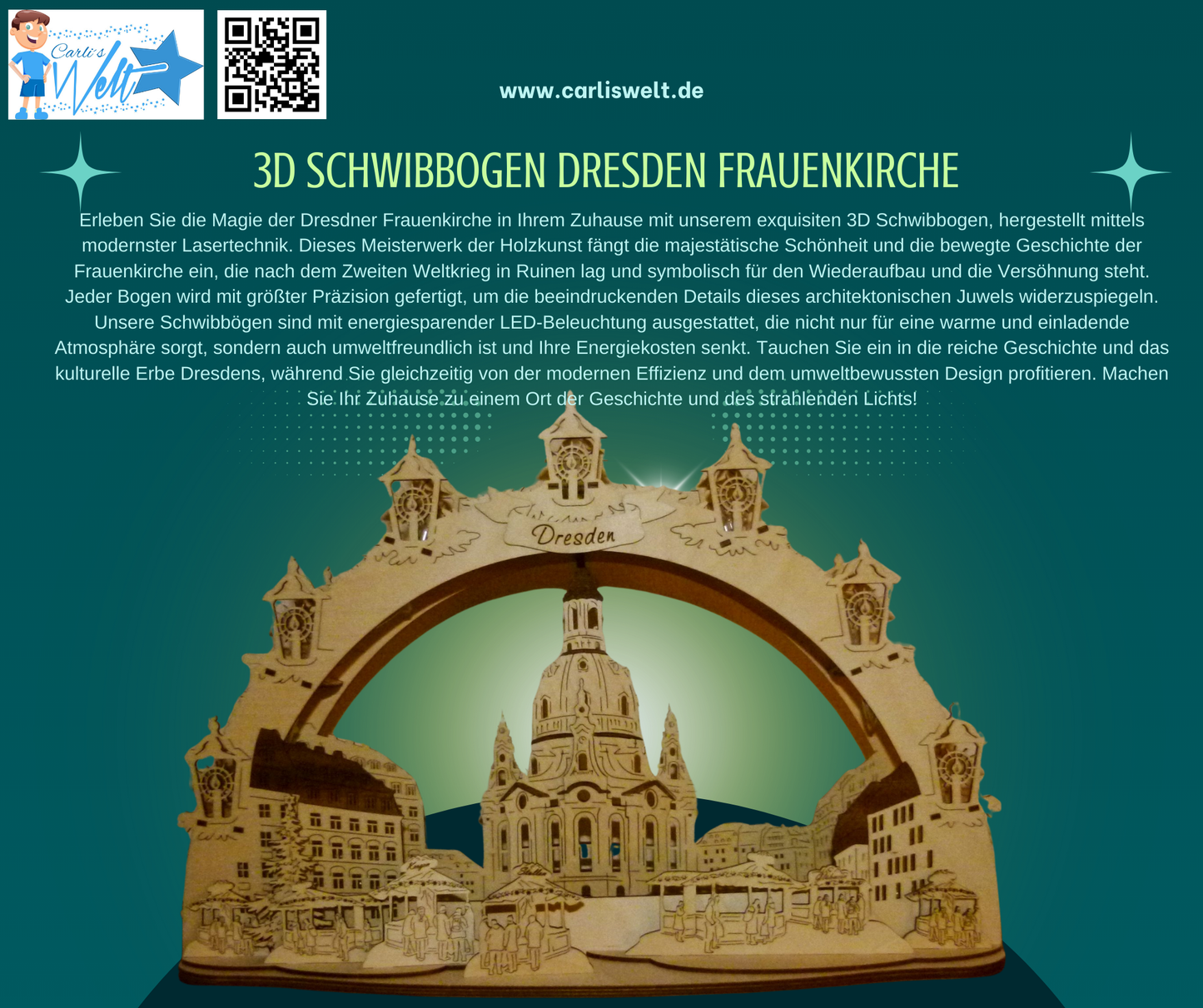 3D LED Holz Schwibbogen 43 cm x 30 cm x 12 cm Frauenkirche Dresden