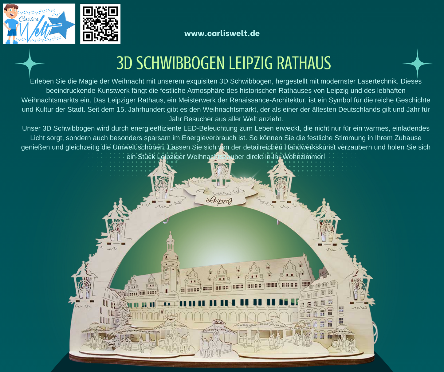 3D LED Schwibbogen 43 cm x 30 cm x 12 cm Leipzig Rathaus