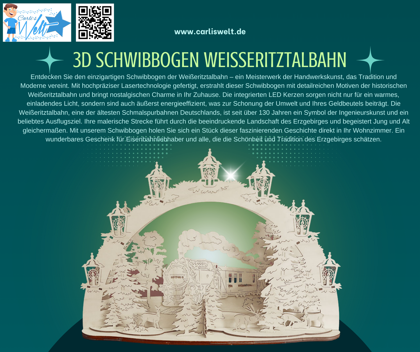 3D LED Schwibbogen 43 cm x 30 cm x 12 cm Weißeritztalbahn mit LED Beleuchtung