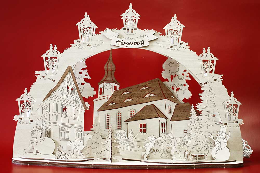 3D LED Holz Schwibbogen 43 cm x 30 cm x 12 cm Klingenberg Kirche