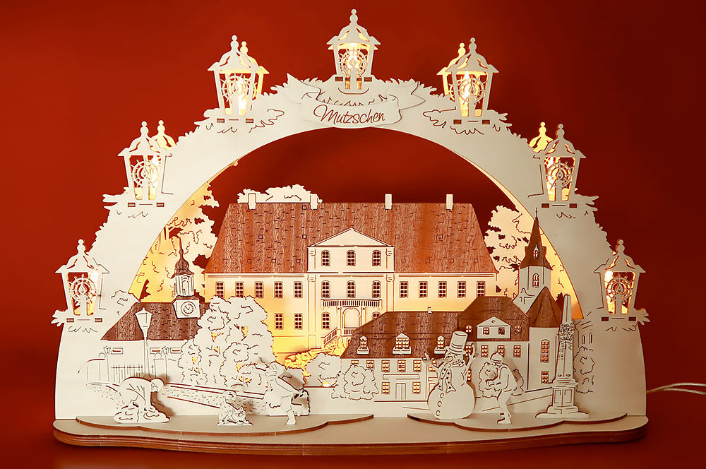 3D LED Holz Schwibbogen 43 cm x 30 cm x 12 cm Mutzschen Schloss