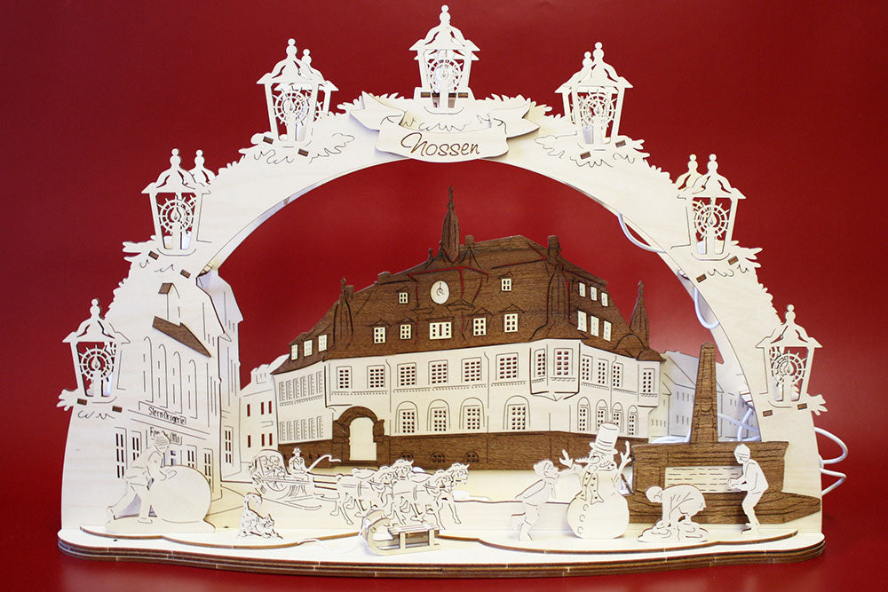 3D LED Holz Schwibbogen 43 cm x 30 cm x 12 cm Nossen Rathaus