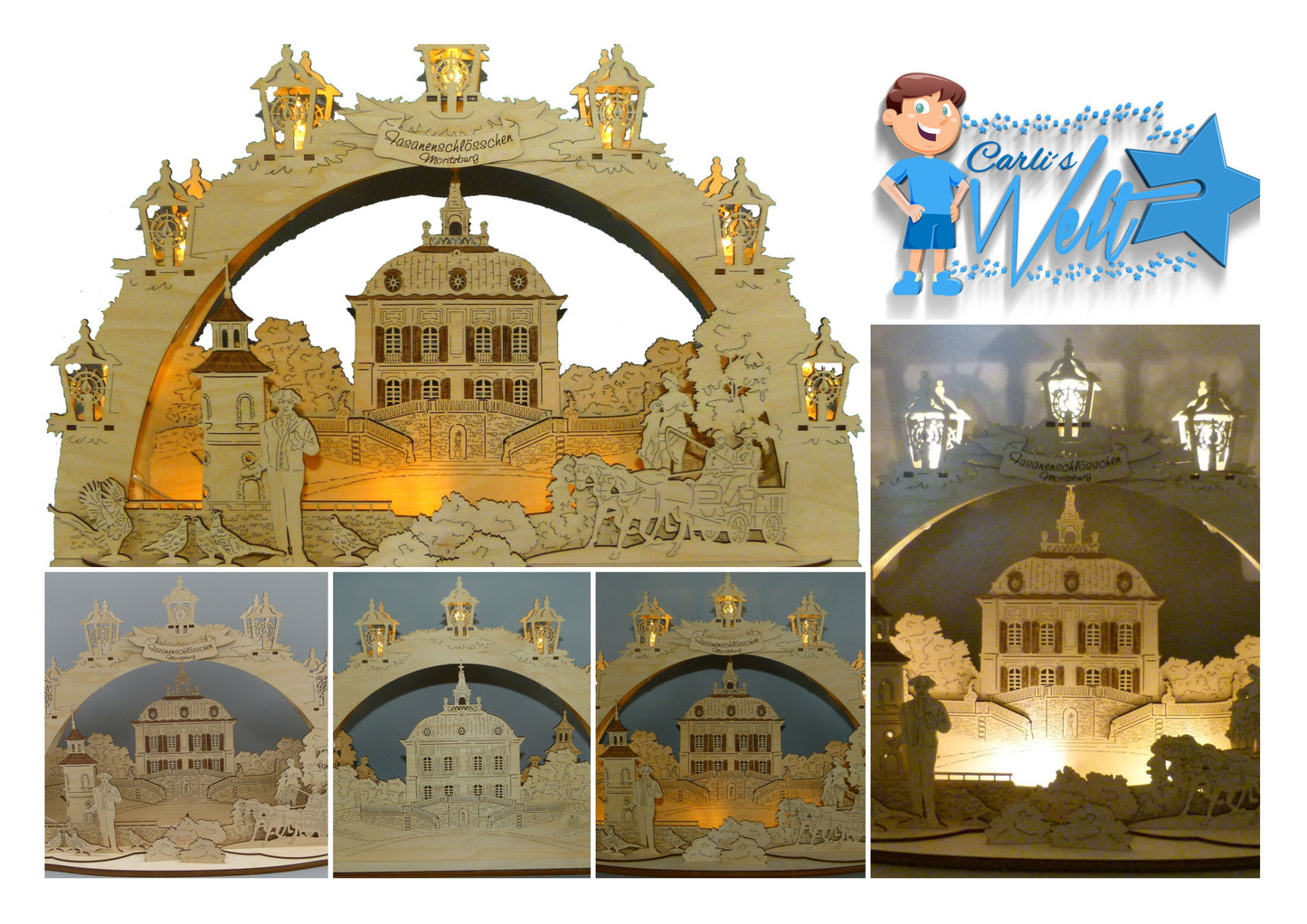 3D LED Holz Schwibbogen Fasanenschlösschen Moritzburg mit LED Beleuchtung 43 cm x 30 cm x 12 cm