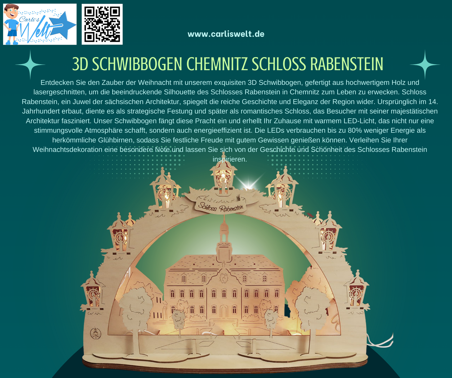 3D LED Holz Schwibbogen 43 cm x 30 cm x 12 cm Chemnitz Schloss Rabenstein