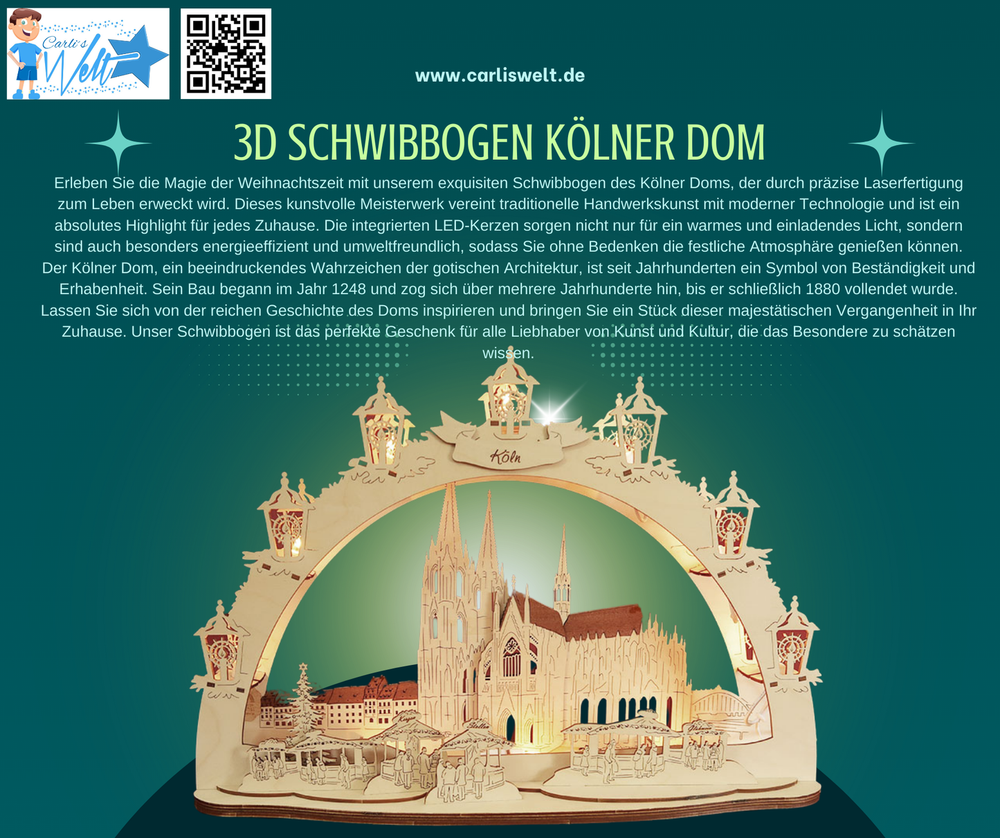 3D LED Schwibbogen 43 cm x 30 cm x 12 cm Köln mit LED Beleuchtung