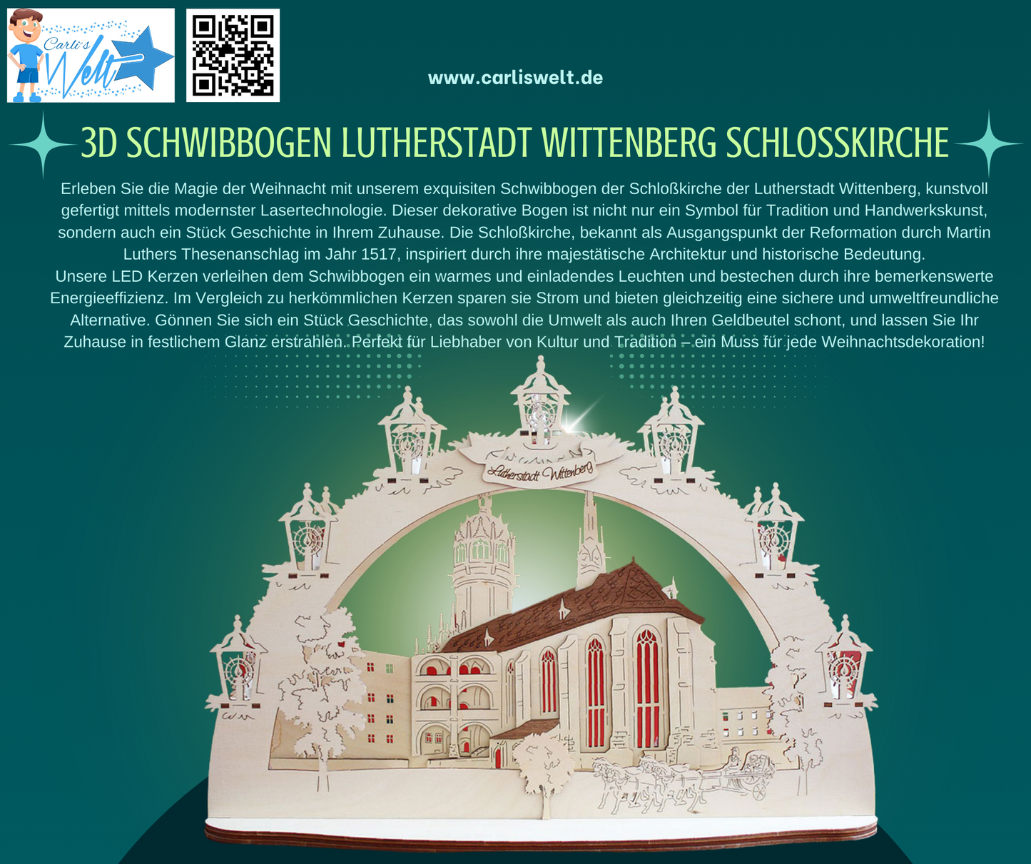 3D LED Schwibbogen 43 cm x 30 cm x 12 cm Lutherstadt Wittenberg Schlosskirche