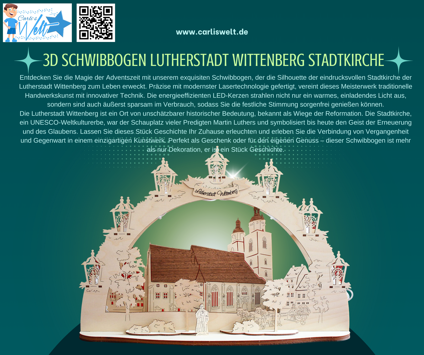 3D LED Schwibbogen 43 cm x 30 cm x 12 cm Lutherstadt Wittenberg Stadtkirche