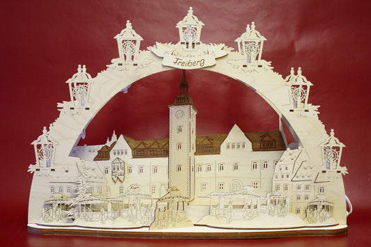 3D LED Schwibbogen 43 cm x 30 cm x 12 cm Freiberg Rathaus mit LED Beleuchtung